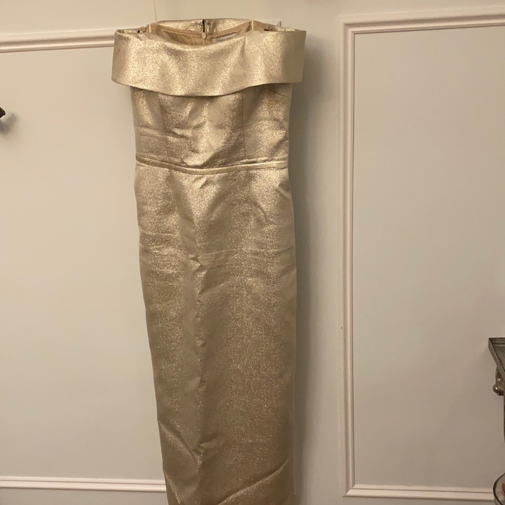 gold shimmery off the shoulder evening gown